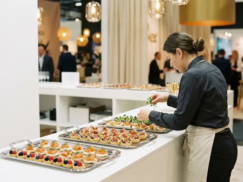 Silberne Tabletts mit Canapés und saisonalen Häppchen auf einem Messestand, ein Servicemitarbeiter setzt letzte Garnierungen.