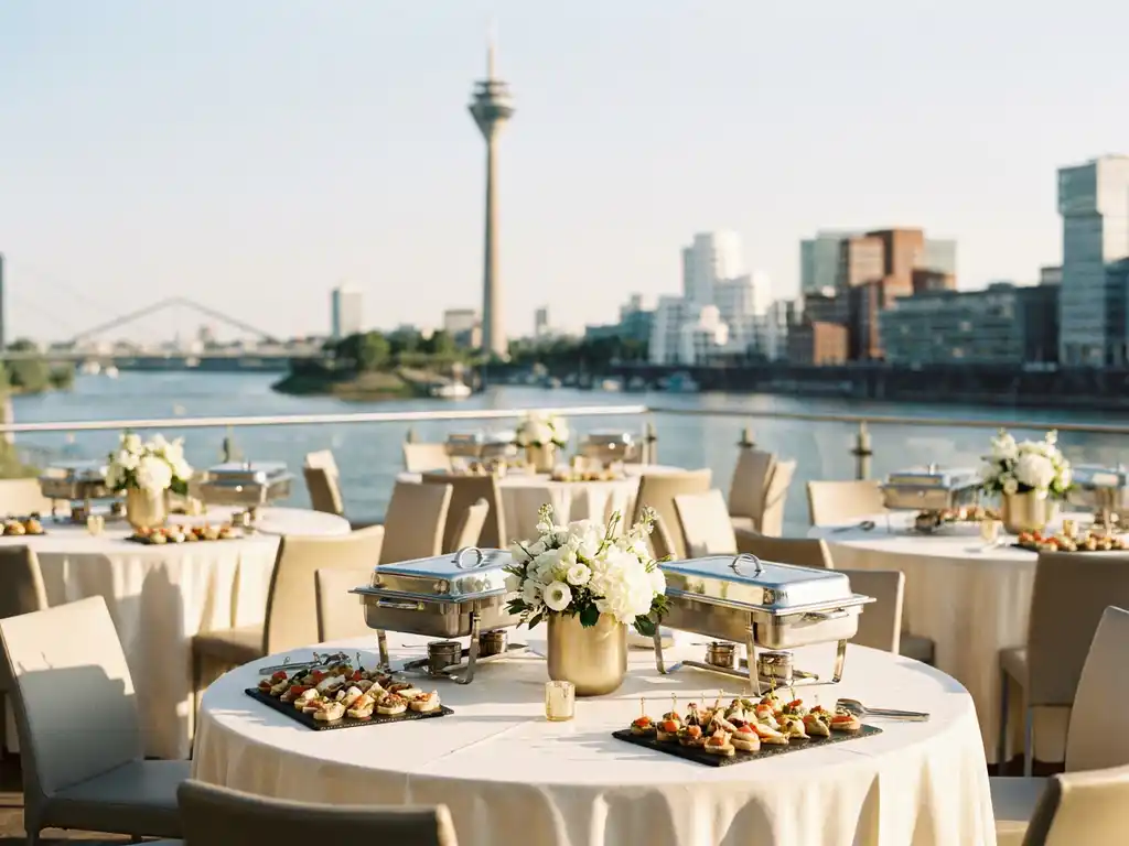 Elegantes Outdoor-Event-Buffet in Düsseldorf mit weißen Tischdecken, goldenen Chafing Dishes und saisonalen Centerpieces im Abendlicht am Rheinufer.