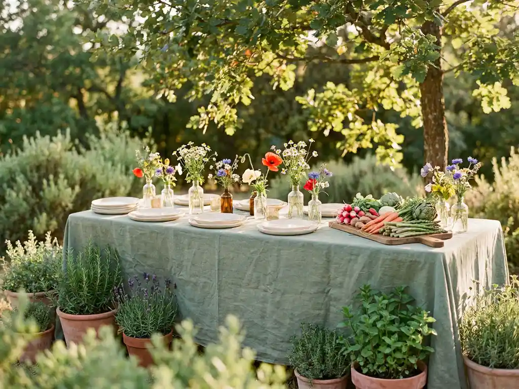 Outdoor-Tisch mit Leinentuch, Keramiktellern, Wildblumen in Glasvasen und saisonalem Gemüse auf Holzbrett im goldenen Abendlicht.