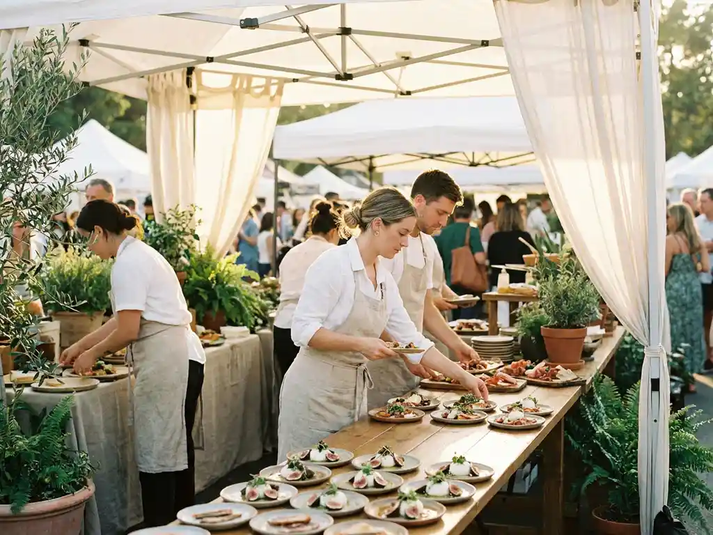 Outdoor-Pop-up-Event mit weißen Pagodenzelte, Holztischen mit Tapas und frischen Garnituren, Personal in Schürzen bei goldener Abendsonne.