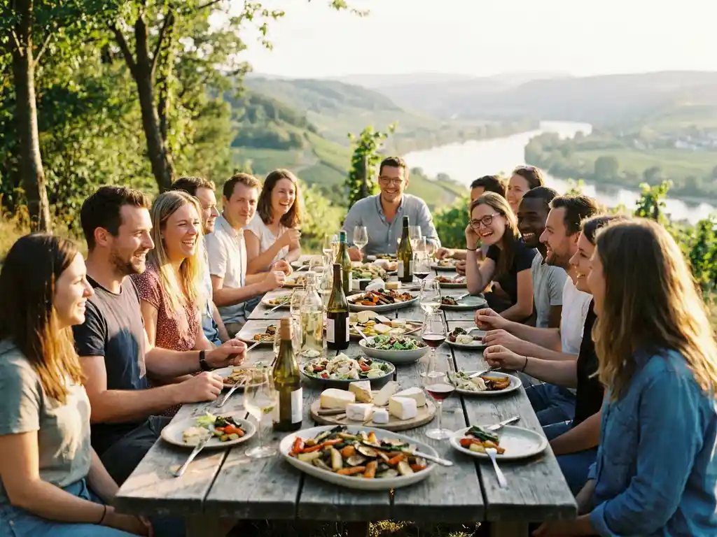 Team versammelt sich bei einem Outdoor-Dinner an einem langen Holztisch mit eleganten Cateringplatten und Weingläsern im goldenen Abendlicht der Rheinauen.