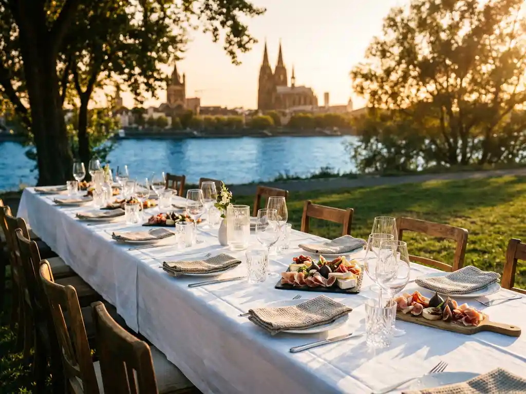 Elegant gedeckter Banketttisch am Rheinufer mit weißen Leinen, Kristallgläsern und Canapés, Kölner Dom im Hintergrund bei goldener Stunde.