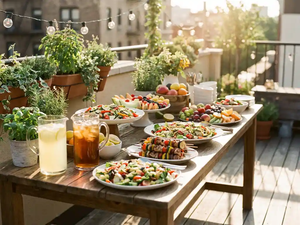 Holztisch mit bunten Sommergerichten, Obstplatten, Grillspießen und Getränken in Glaskaraffen auf einer sonnigen Terrasse mit Lichterketten.