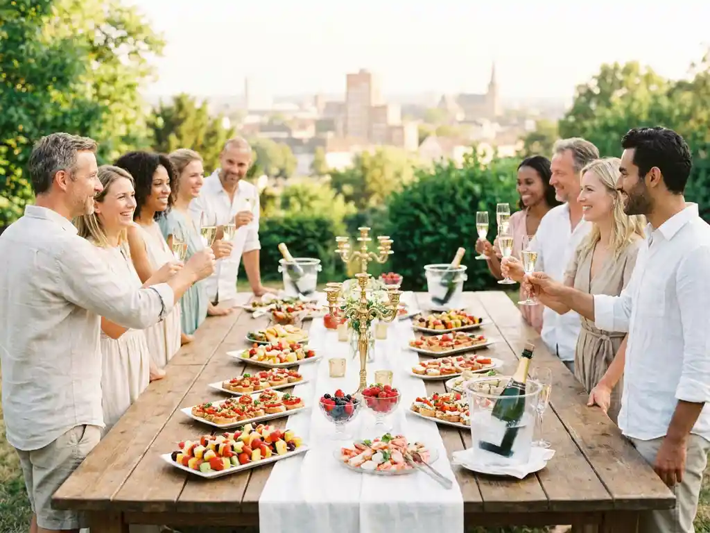 Elegant gedeckter Outdoor-Banketttisch mit Sommerappetizern, Obstplatten und Champagner, feiernde Kollegen vor der Düsseldorfer Skyline.