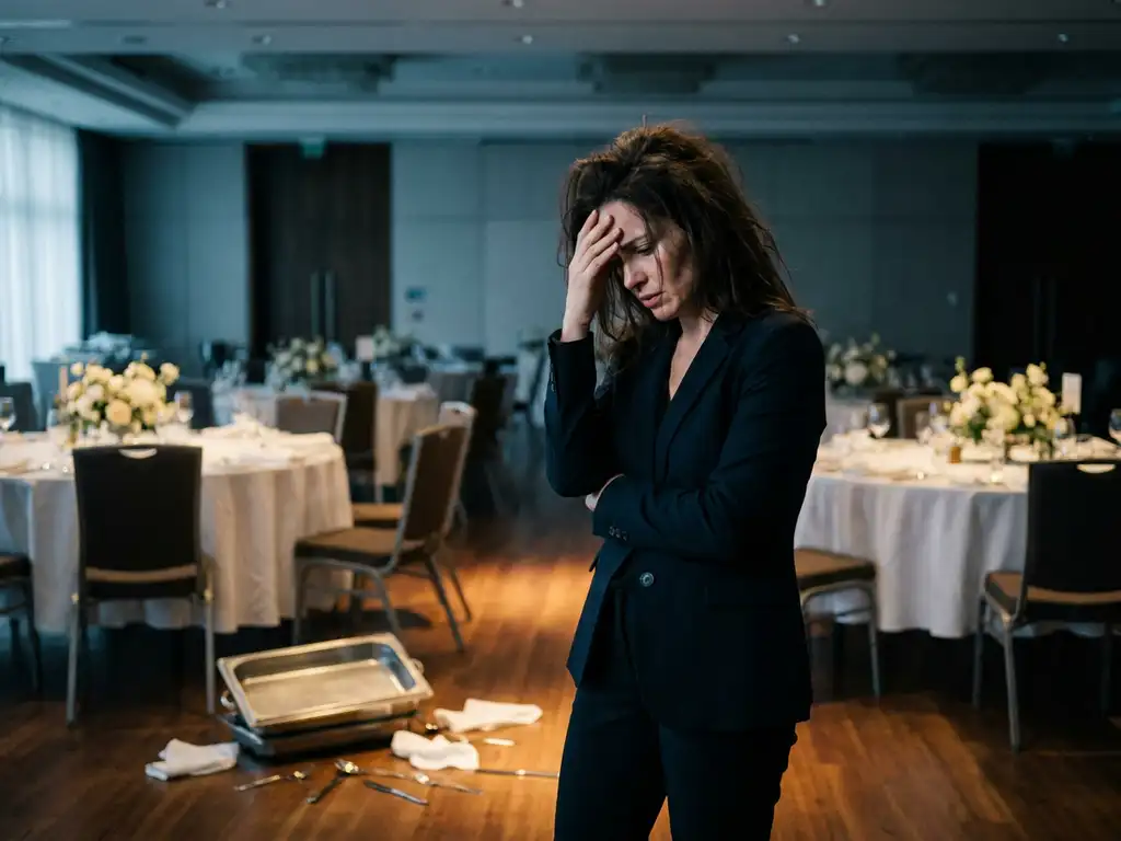 Gestresste Eventmanagerin in halbfertig dekoriertem Bankettsaal mit umgeworfenem Cateringtablett und unvollständigen Tischdekorationen.