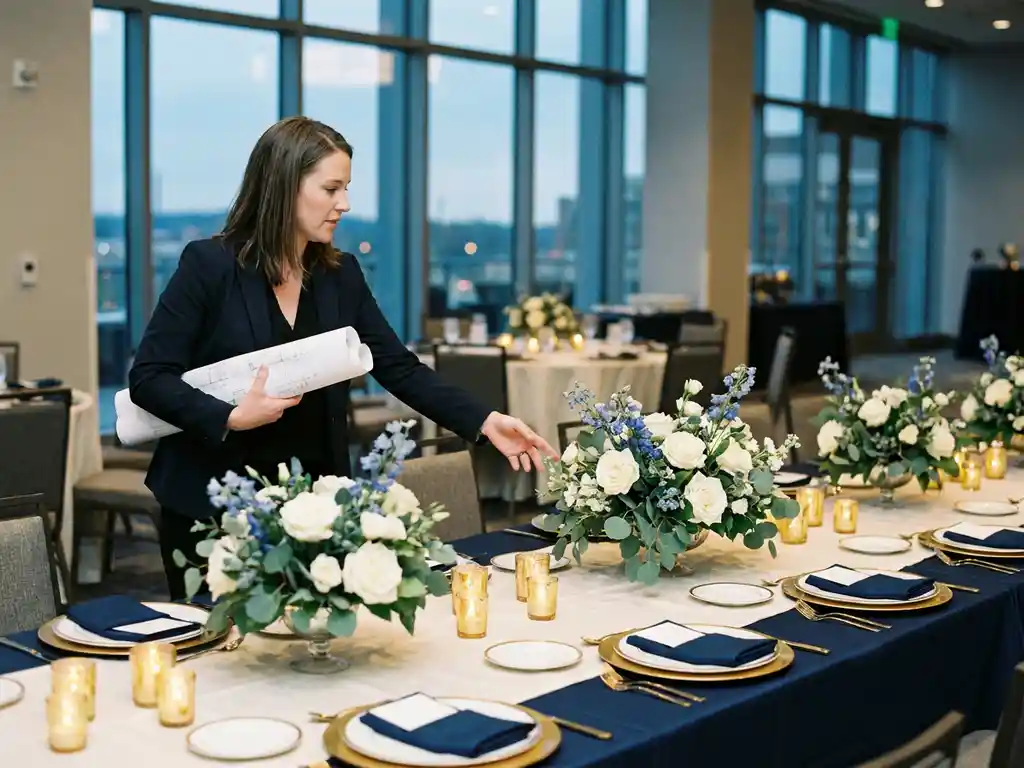 Eventkoordinatorin prüft Tischplan neben gedecktem Banketttisch mit Porzellan, Leinenservietten und floralen Centerpieces in elegantem Veranstaltungssaal.