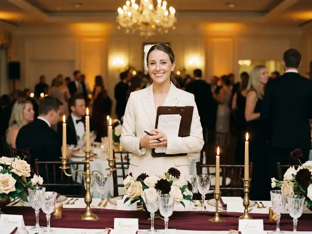Eventkoordinatorin mit Leder-Klemmbrett an festlich gedecktem Empfangstisch mit Namenskarten, Blumenarrangements und Gläsern.
