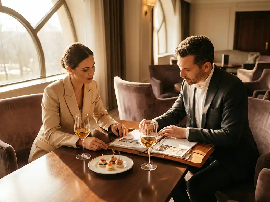 Eventplanerin und Cateringmanager prüfen gemeinsam ein Leder-Portfolio in einem eleganten Veranstaltungsraum mit Weingläsern und Häppchen.