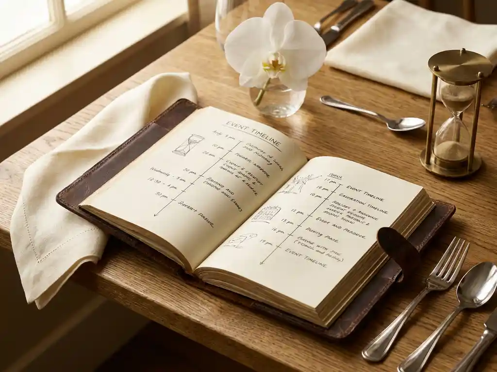 Aufgeschlagener Leder-Eventplaner mit Zeitplan, umgeben von Serviette, weißer Orchidee, Silberbesteck und Sanduhr auf Eichentisch.