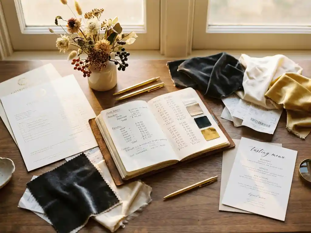 Eventplanung-Schreibtisch mit Budgetnotizbuch, Catering-Rechnungen, Blumencenterpiece und Stoffmustern im warmen Flachlicht.