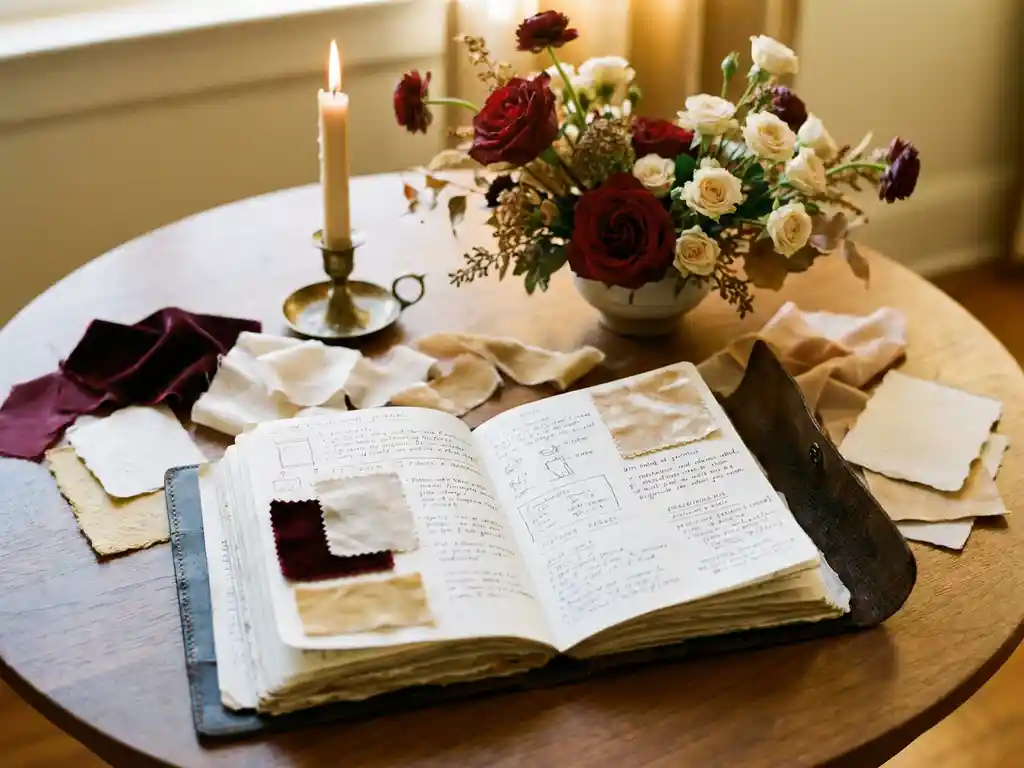 Aufgeschlagenes Lederjournal für Eventplanung mit Moodboard-Mustern, Kerze und Blumenarrangement in warmen Burgunder- und Goldtönen.