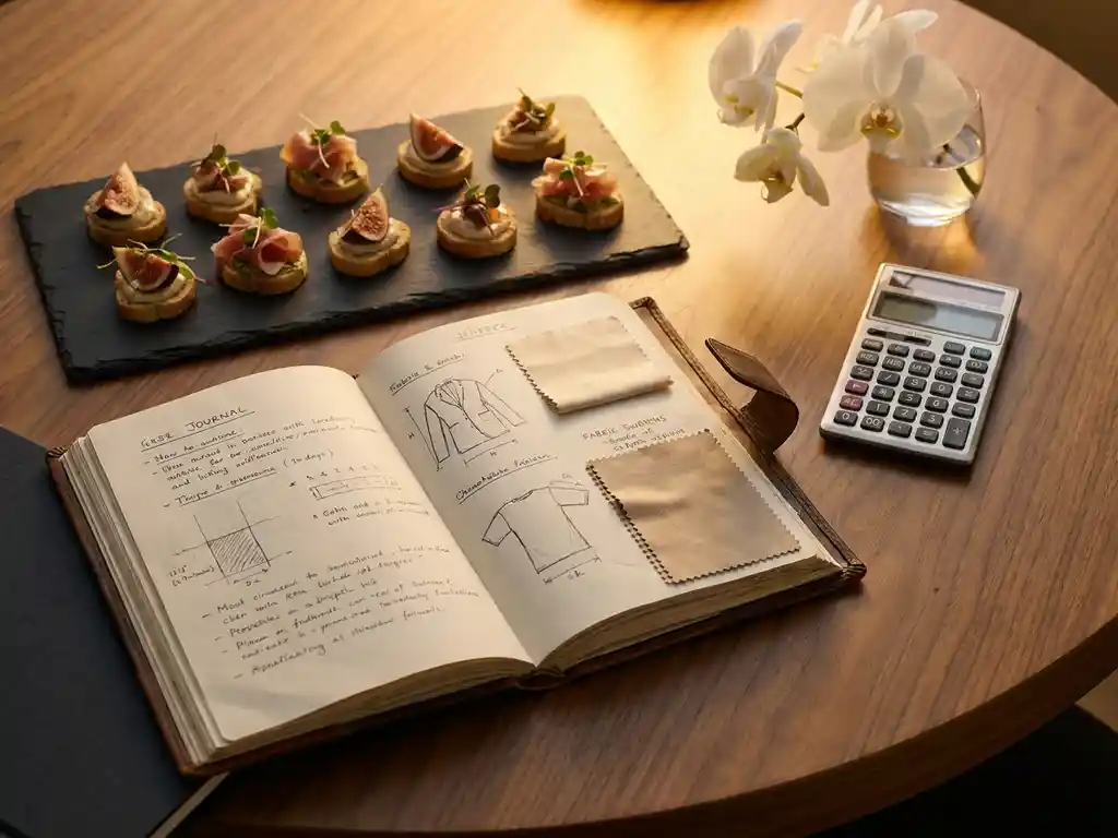 Aufgeschlagenes Leder-Notizbuch für Eventplanung auf Holztisch, umgeben von Canapés, Taschenrechner und weißer Orchidee im warmen Licht.