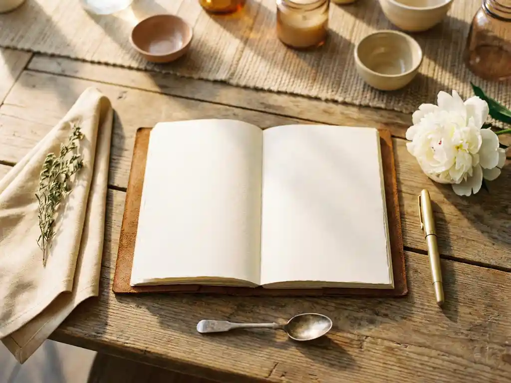 Aufgeschlagenes Leder-Notizbuch auf einem Catering-Tisch mit weißer Pfingstrose, Leinenstoff und goldenem Stift im Flat-Lay-Stil.