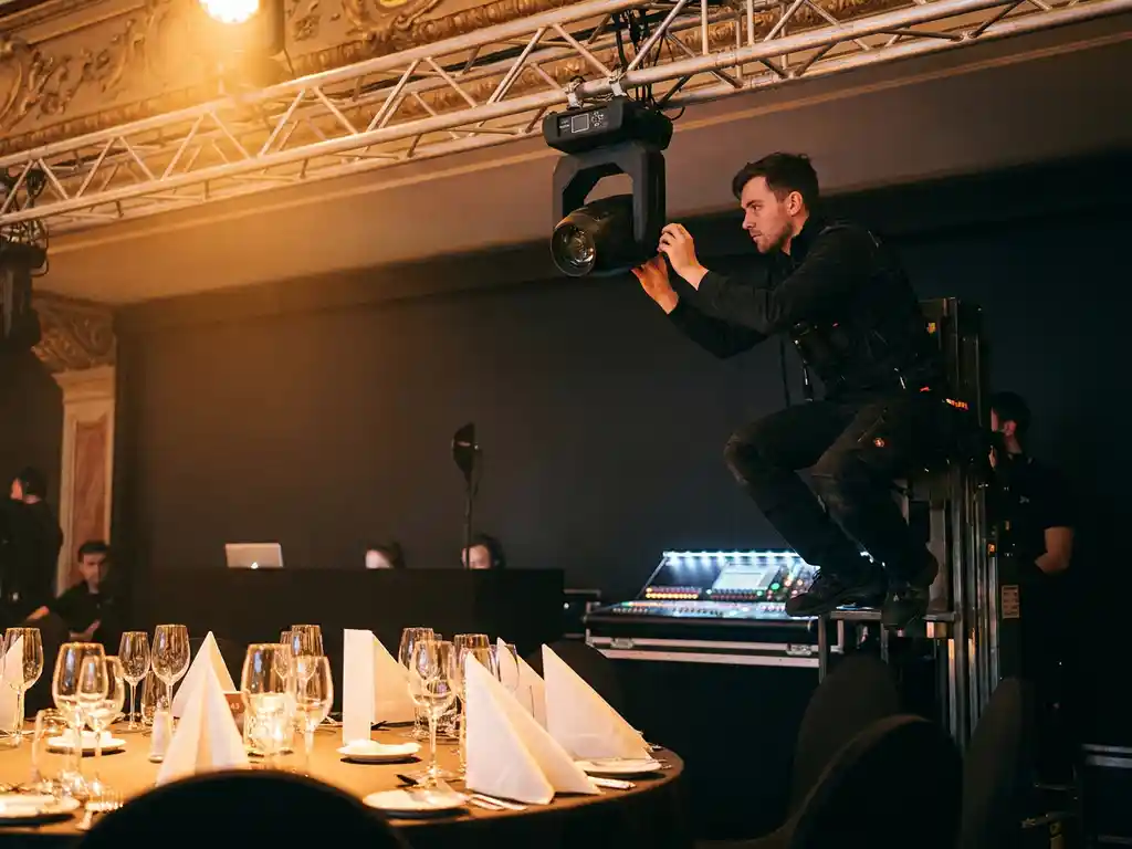 Veranstaltungstechniker justiert Spotlight-Rigging über elegant gedecktem Firmendinner-Tisch mit warmem Bühnenlicht auf Gläsern und weißen Tischdecken.