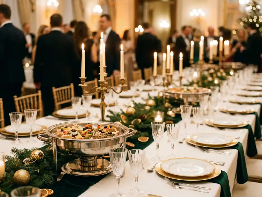 Festlich gedeckter Banketttisch mit Kristallgläsern, weißem Porzellan, Tannenzweigen und Kerzen für ein Firmen-Weihnachtsdinner.
