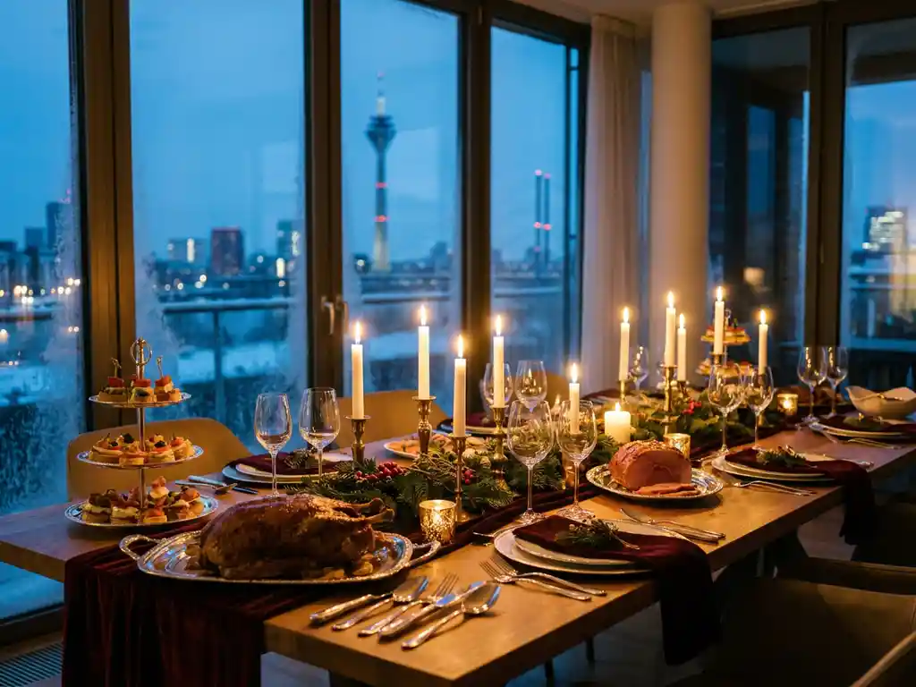 Festlich gedeckter Weihnachtstisch mit Kanapees, glasiertem Braten und Kerzenleuchtern, Düsseldorfer Wintersilhouette im Hintergrund.