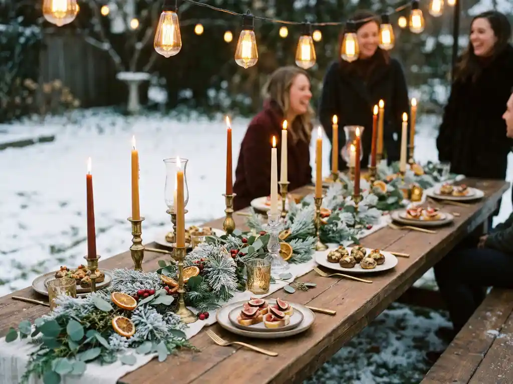 Festlich gedeckter Vintage-Tisch mit Kerzen, Wintergrün und Häppchen im verschneiten Garten, beleuchtet von warmen Bernsteinlaternen.