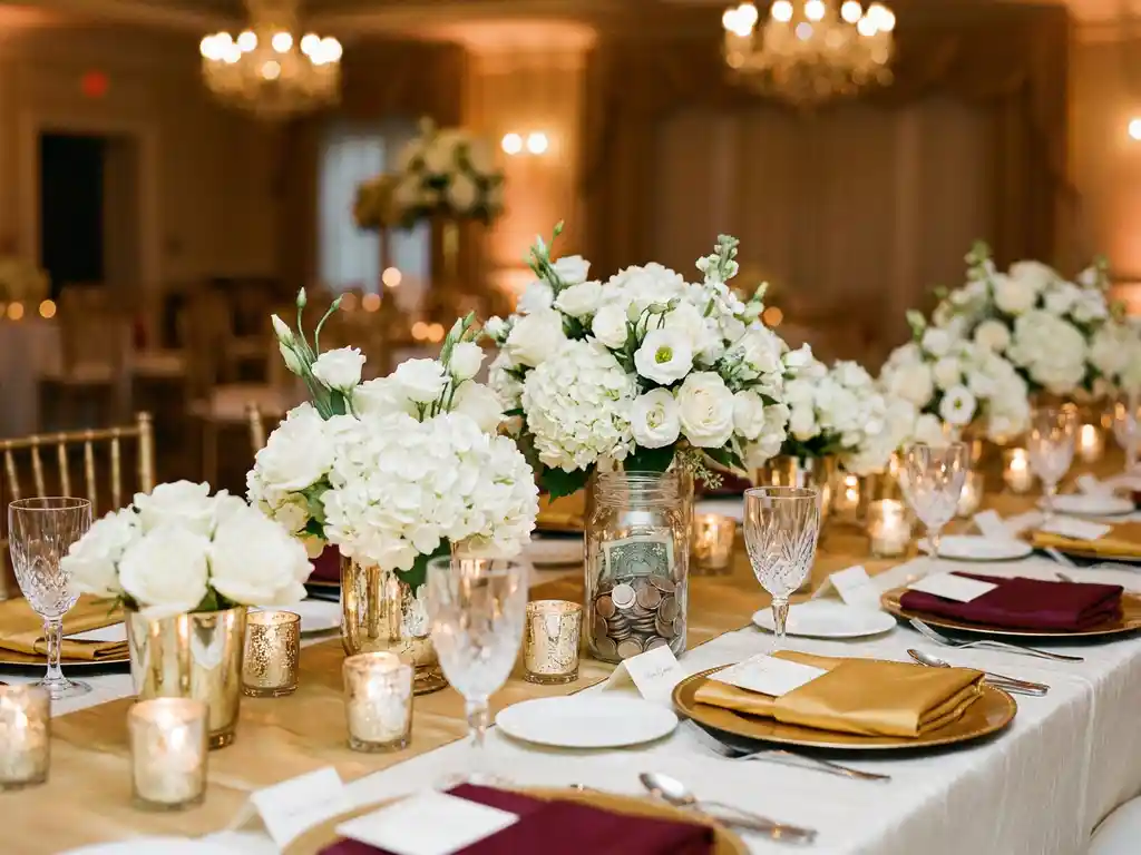 Elegant gedeckter Gala-Tisch mit weißen Blumen, Kerzenglanz, Glasware und Spendenbox in Gold- und Burgundtönen.