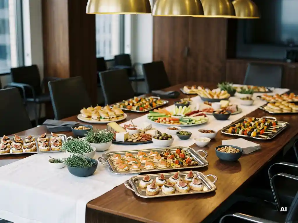 Elegantes Business-Catering auf poliertem Konferenztisch mit silbernen Tabletts, Häppchen und frischen Kräutern im warmen Licht.