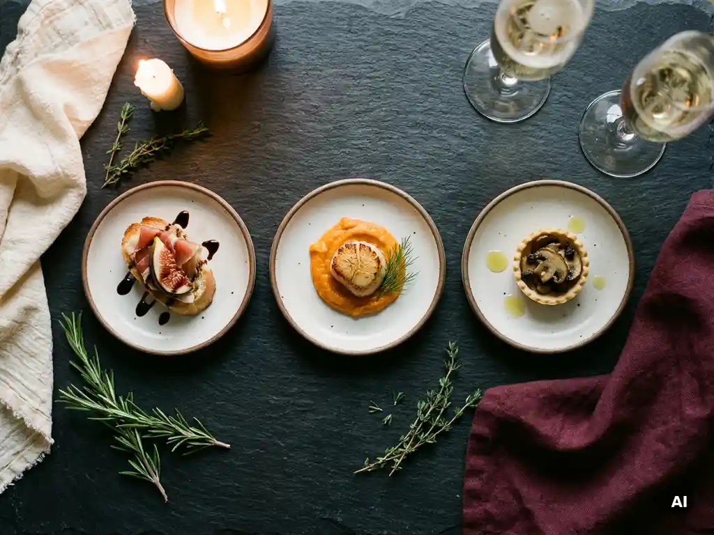 Drei elegante Canapés auf dunklem Schiefer, umgeben von frischen Kräutern und Leinenservietten, Champagnergläser im Hintergrund.