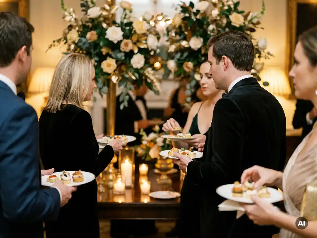 Gäste bei einem eleganten Abend-Event mit Gourmet-Häppchen auf weißem Porzellan, Kerzenlicht und floralen Arrangements im Hintergrund.