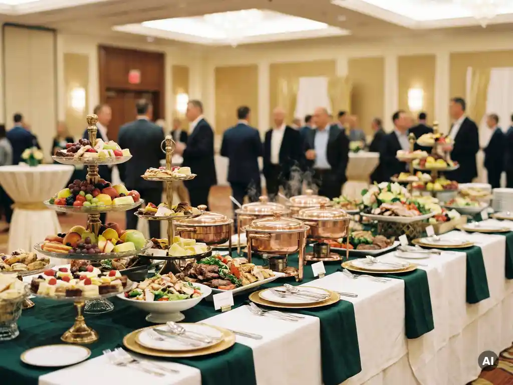 Elegantes Buffet mit mehrstöckigen Platten, Chafing Dishes und bunten Speisen auf weißem Leinen in einem Firmenevent-Saal.