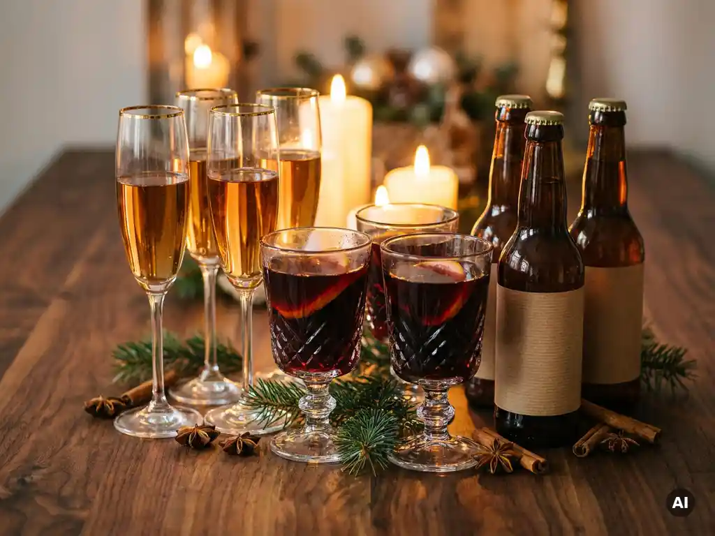 Festliche Getränkeauswahl mit Champagnergläsern, Glühwein und Craft-Beer-Flaschen auf Walnussholz, dekoriert mit Tannenzweigen und Sternanis im Kerzenschein.