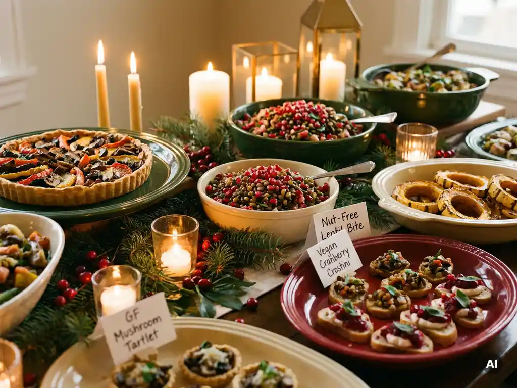 Festliches Weihnachtsbuffet mit pflanzlichen Gerichten, geröstetem Gemüse und allergenfreien Canapés in Keramikschalen, dekoriert mit Tannenzweigen und Kerzen.