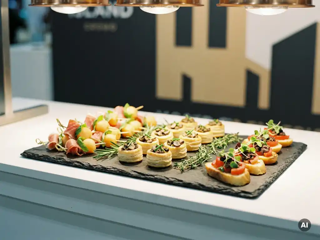 Slate-Servierbrett mit Bruschetta, Spießen und gefüllten Blätterteigförmchen auf weißem Messetresen, professionelle Eventbeleuchtung.