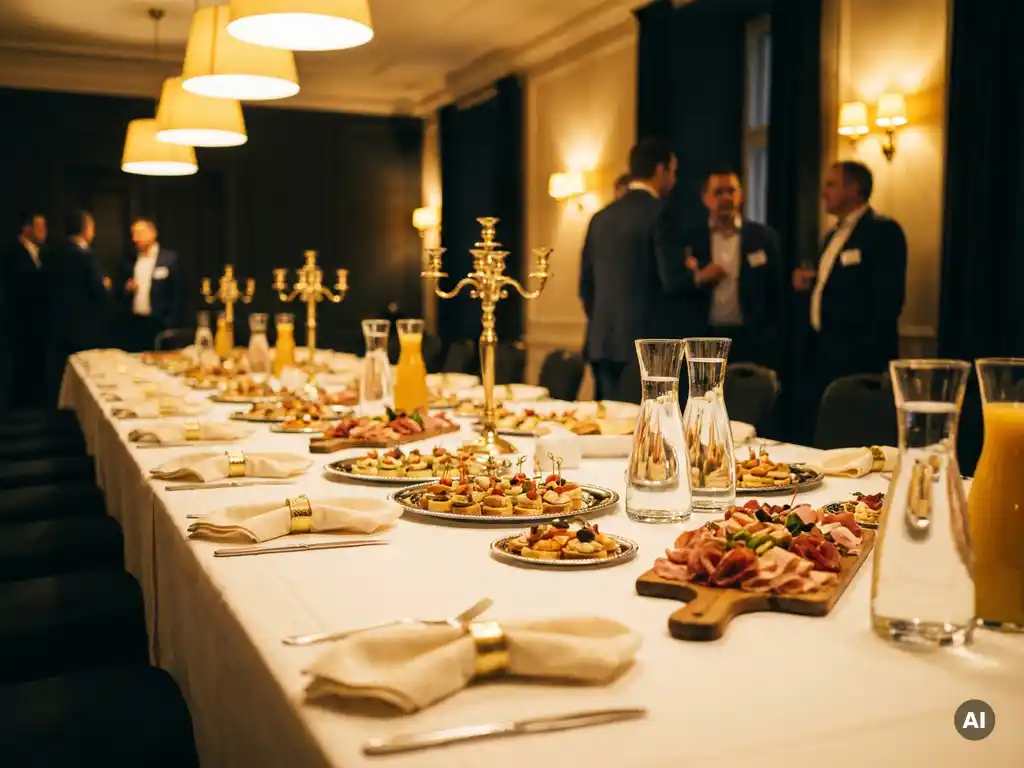 Eleganter Banketttisch mit Silberplatten, Fingerfood, Charcuterie und Glaskaraffen bei einem Corporate Event in warmem Licht.