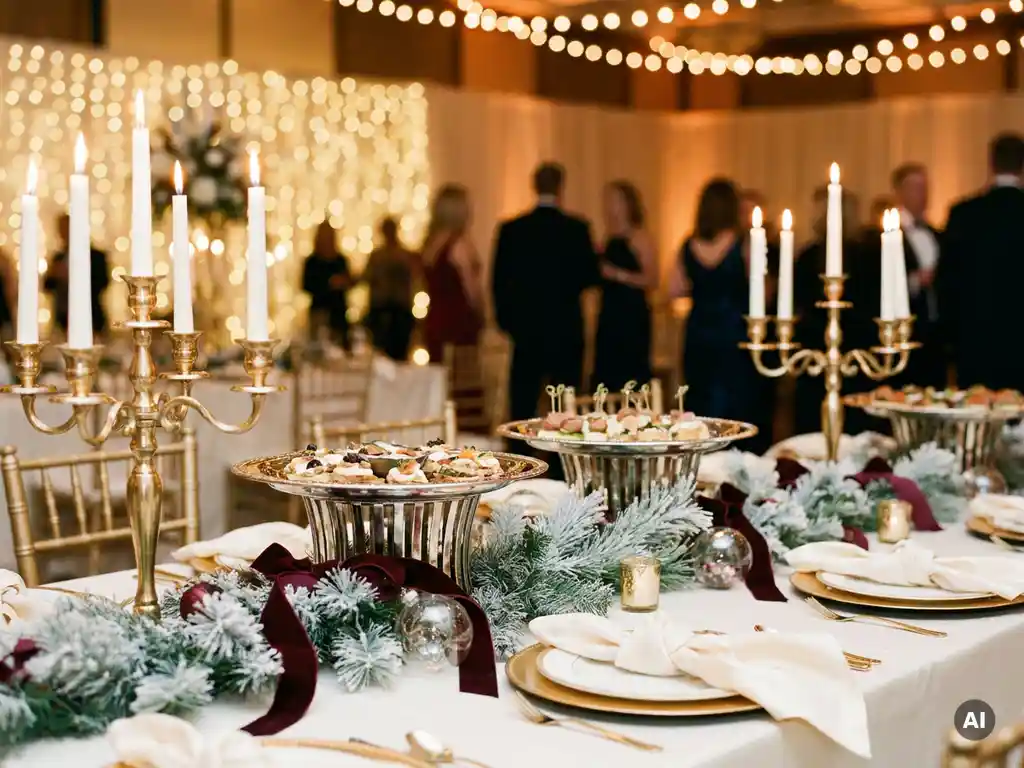 Festlich gedeckter Tisch einer Firmen-Weihnachtsfeier mit goldenen Kerzenhaltern, bereiften Tannenzweigen und silbernen Tabletts im warmen Kerzenlicht.
