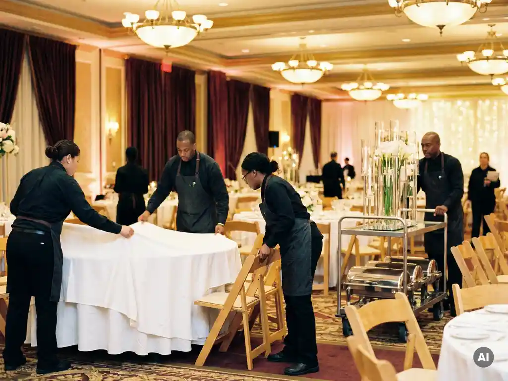 Cateringteam deckt runde Banketttische mit weißen Leinentüchern in einem festlich beleuchteten Veranstaltungssaal.