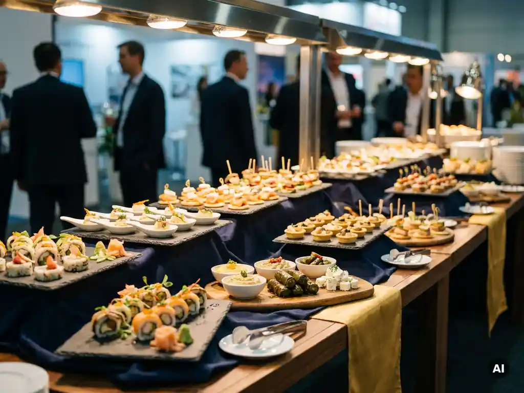 Luxuriöses Messecatering-Buffet mit Sushi, mediterranen Mezze und europäischen Canapés auf Schieferplatten und weißem Porzellan.