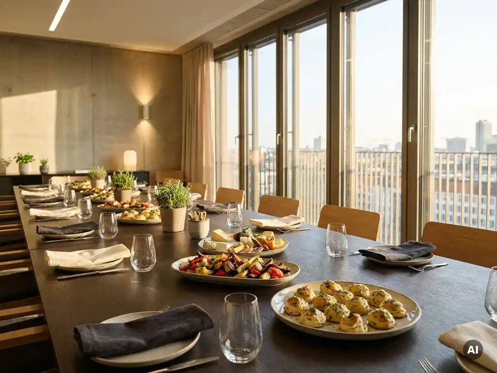 Elegant gedeckter Konferenztisch mit Catering, Keramikplatten, Saisonhäppchen und Leinenservietten in modernem Büro-Eventraum.