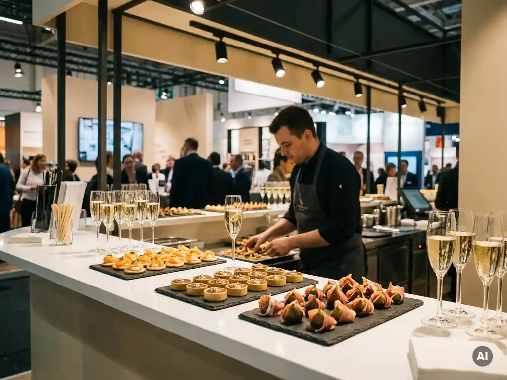 Elegante Messecatering-Station mit Häppchen, polierten Servierplatten und Champagnergläsern vor verschwommenem Ausstellungshintergrund.
