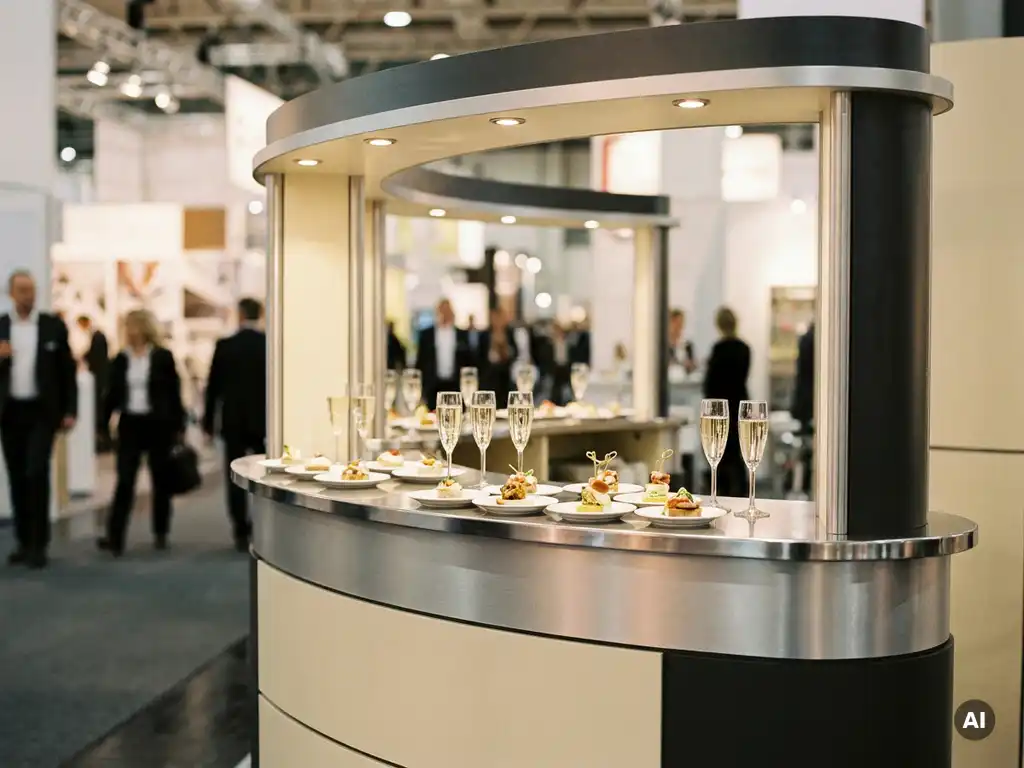 Mobiler Cateringstand auf einer Messe mit weißen Porzellan-Canapés und Champagnerflöten auf polierter Chromtheke.