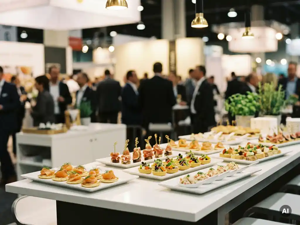Elegantes Fingerfood-Buffet mit bunten Mini-Canapés auf weißen Platten, im Hintergrund verschwommene Messehalle.
