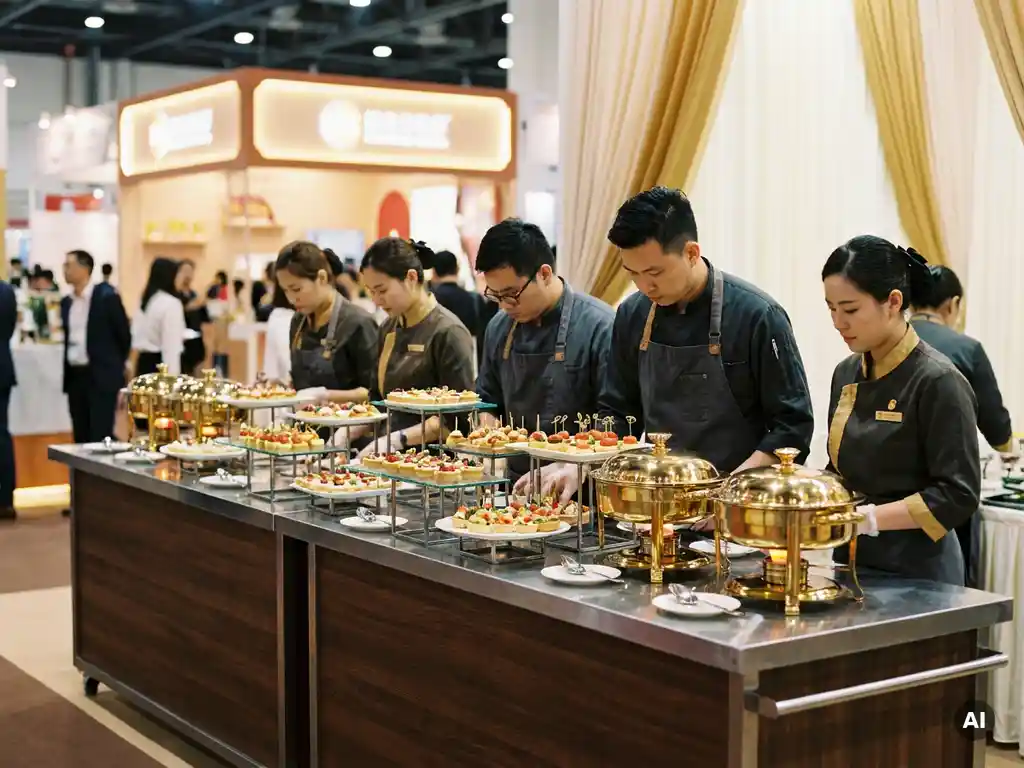 Cateringteam arrangiert Fingerfood und Häppchen auf einer eleganten Servierstationen am Messestand mit Chafing Dishes und Etageren.