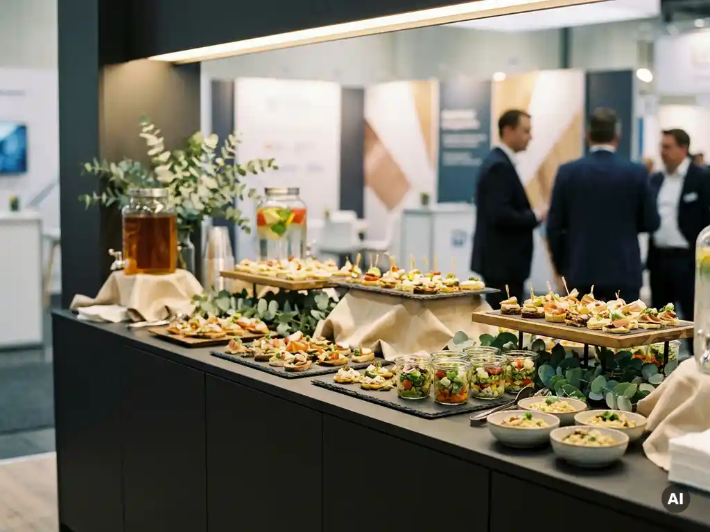 Elegantes Catering-Buffet auf einem Messestand mit Fingerfood, Miniportionen und Getränkespendern in warmen Champagner- und Anthrazittönen.