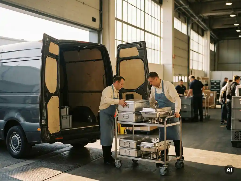 Cateringteam entlädt isolierte Speisebehälter an der Laderampe einer Messehalle im morgendlichen Gegenlicht.