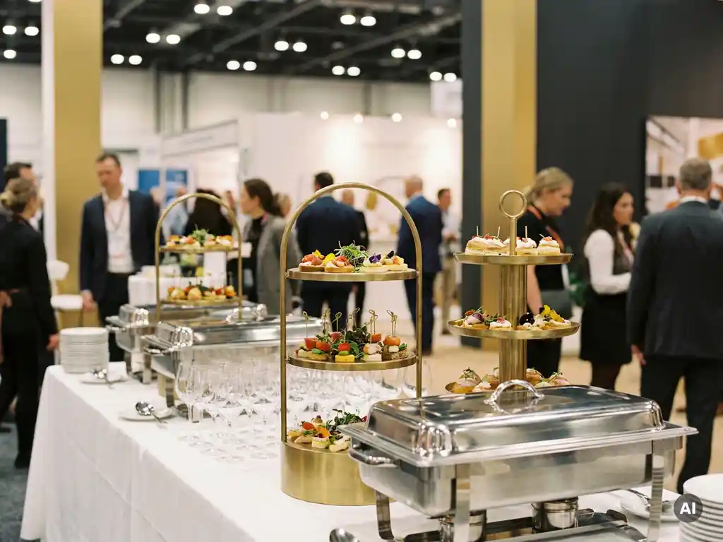 Elegante Messestation mit mehrstöckigen Tabletts voller Fingerfood, Edelstahlwärmern und Gläsern auf weißem Tischtuch.