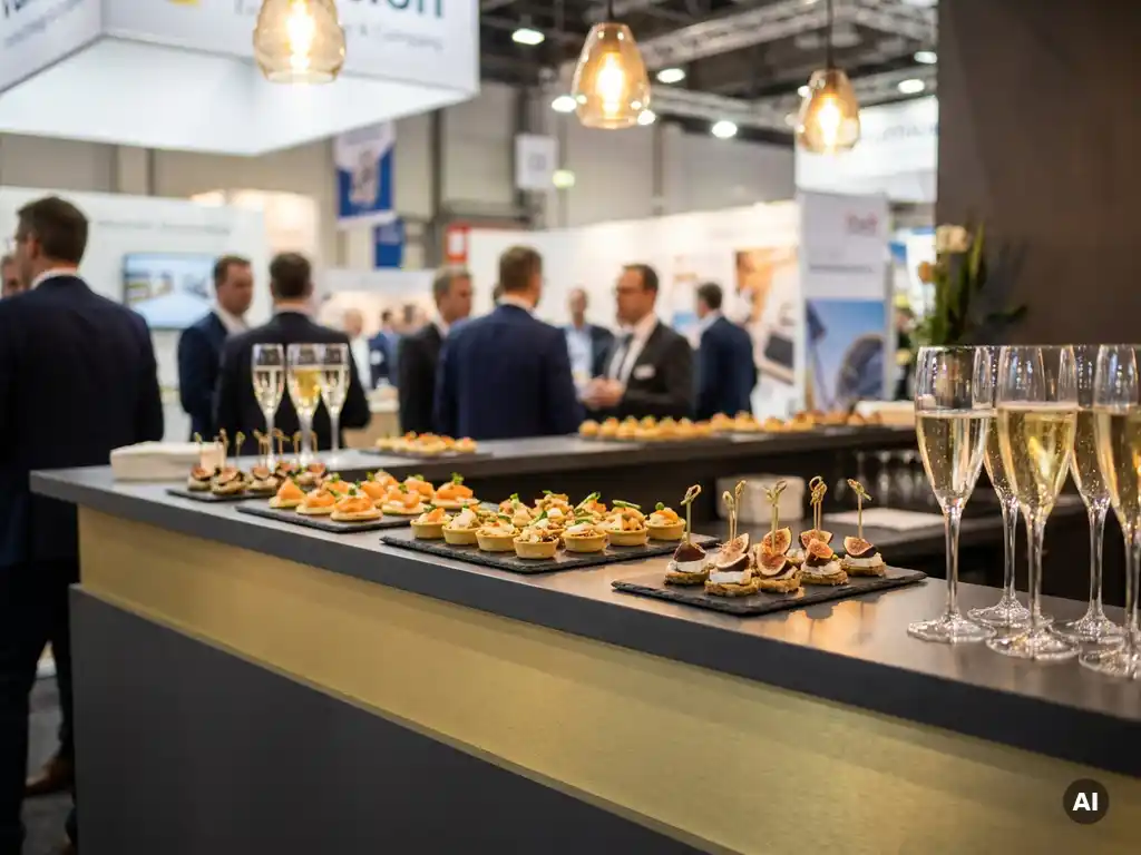 Elegante Canapés und Mini-Appetizer auf Schieferplatten an einem Messestand, Champagnergläser im Hintergrund.