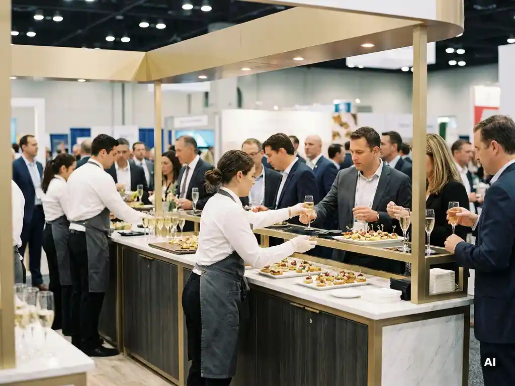 Elegante Cateringstation auf einer Messe mit Häppchen und Getränken, professionelles Personal bedient Gäste unter warmem Ausstellungslicht.