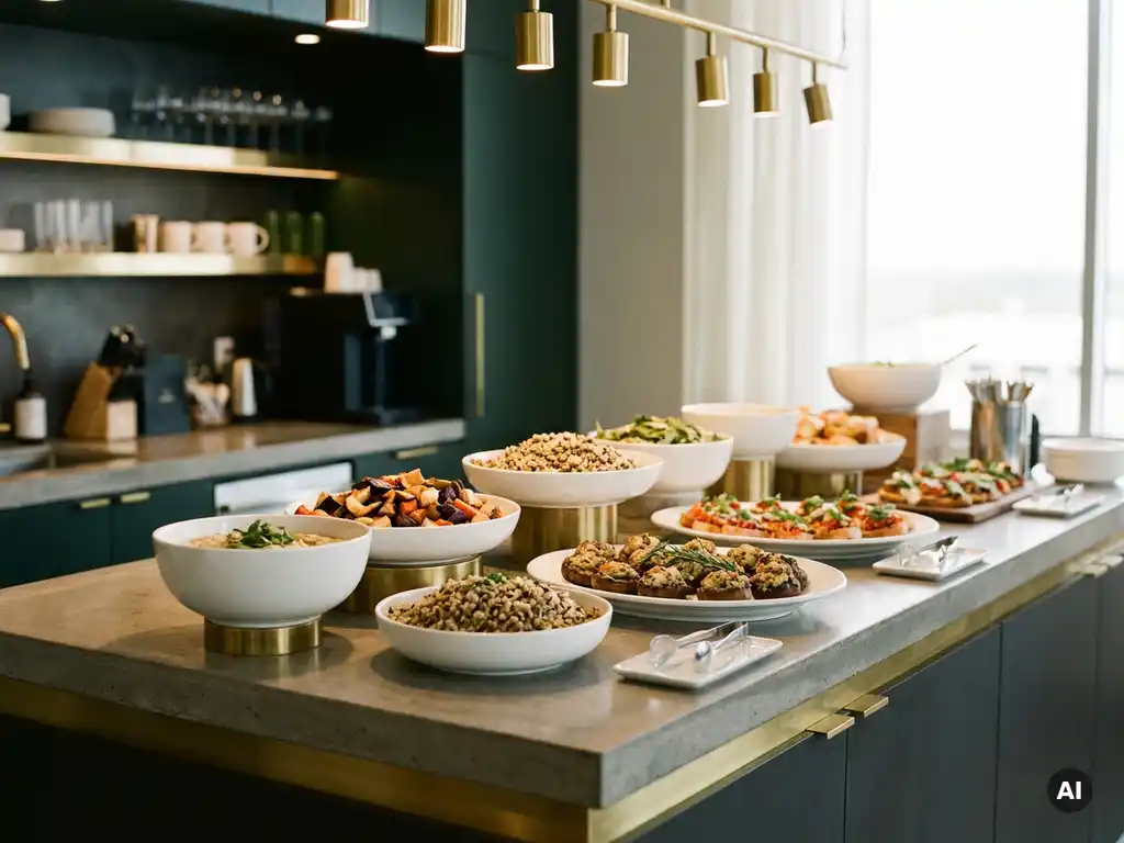 Elegantes vegetarisches und veganes Catering-Buffet auf einer Messe mit Gemüsegerichten, Getreideschalen und Appetizern in weißem Porzellan.