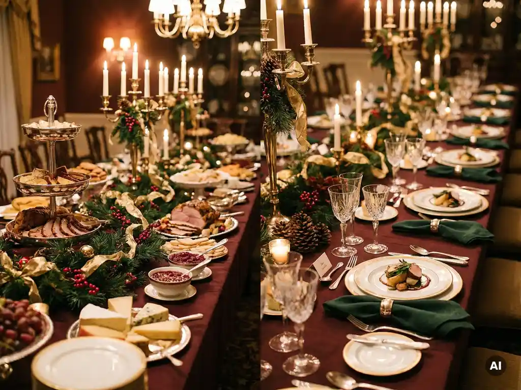 Festlich gedeckte Weihnachtstafel mit Buffet, Silberbesteck, Kristallgläsern, grünem Leinen und Kerzenlicht in Burgunderrot und Gold.