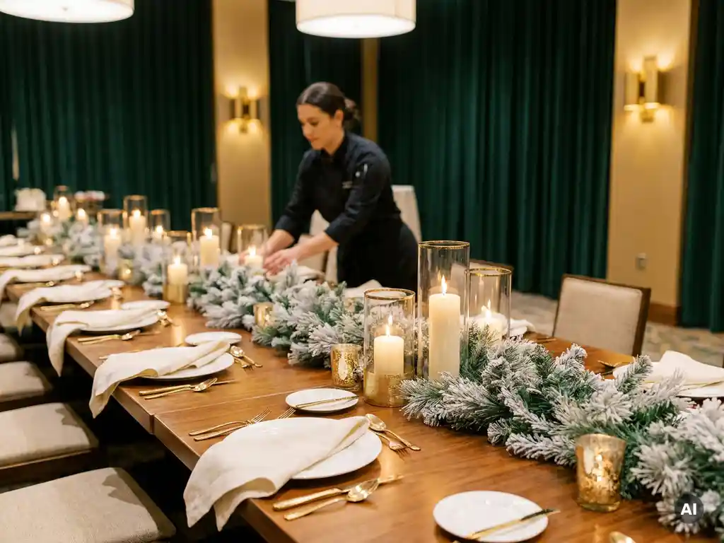 Festlich gedeckte Weihnachts-Banketttafel mit Tannenzweig-Centerpieces, Kerzenarrangements und weißem Porzellangeschirr in Smaragdgrün und Gold.