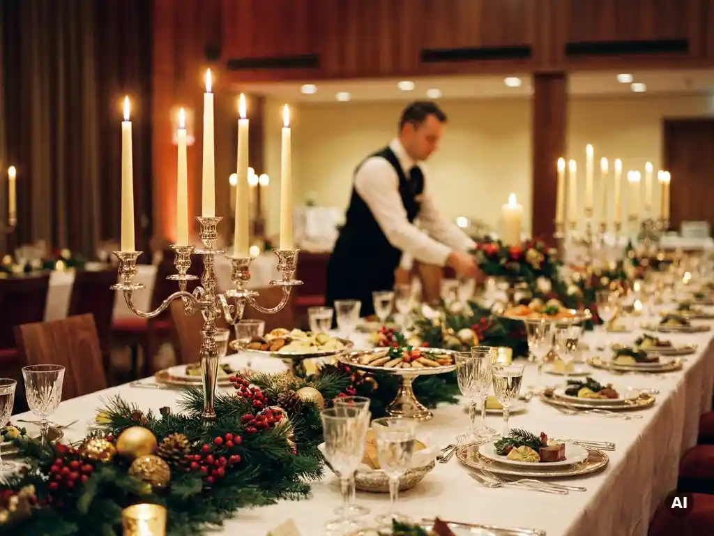 Festlich gedeckte Weihnachtstafel mit weißen Tischdecken, Tannenzweigen, roten Beeren und Kerzen in elegantem Veranstaltungssaal.