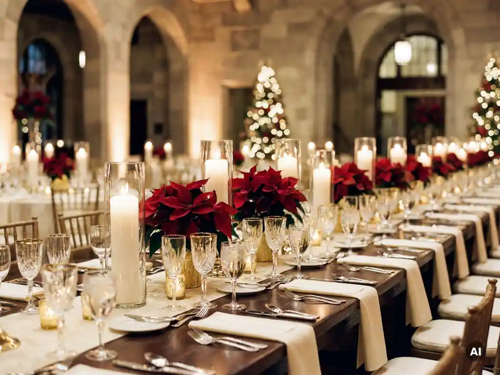 Festlich gedeckte Weihnachtstafel mit weißen Kerzen, roten Poinsettien und Kristallgläsern in elegantem Festsaal.