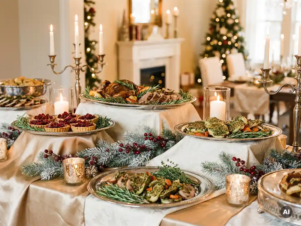 Festliches Weihnachtsbuffet mit eleganten Speisen, Silbertabletts, Kerzen und Tannenzweigen in Gold-, Grün- und Elfenbeintönen.