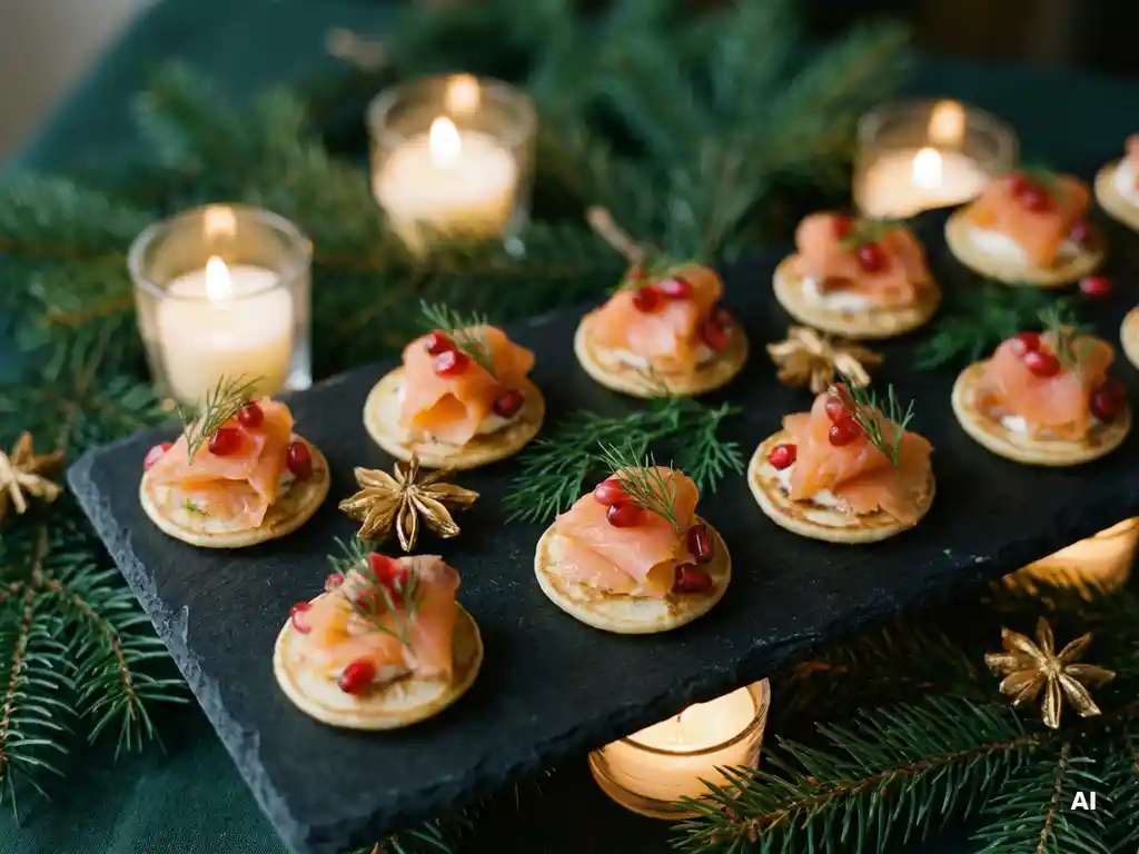 Elegante Weihnachts-Canapés mit Räucherlachs, Granatapfelkernen und frischen Kräutern auf dunklem Schieferbrett mit Kerzen und Tannenzweigen.